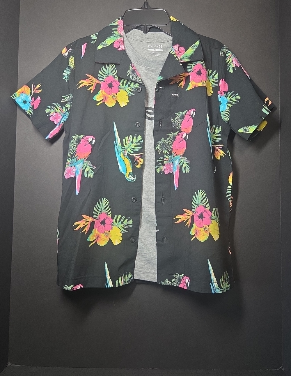 Boys Hurley Black Short-Sleeve Tropical Parrot Shirt with Neon Floral Print